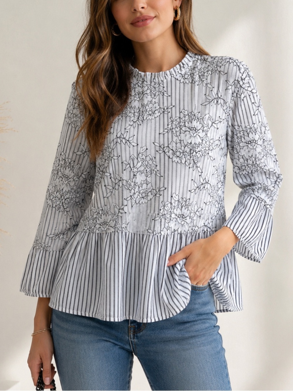 ZARA Woman Striped Floral Lace Blouse | Peplum Hem Long Sleeve Top Size M